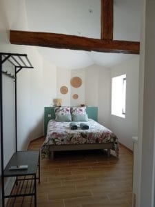 chambre avec lit double portant à vêtements sur la gauche